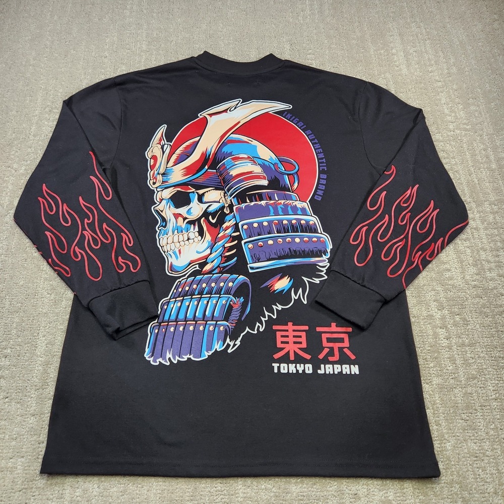 Tokyo Japan Shirt Men Medium Samurai Flame Hit Long Sleeve Y2K Style Black Tee